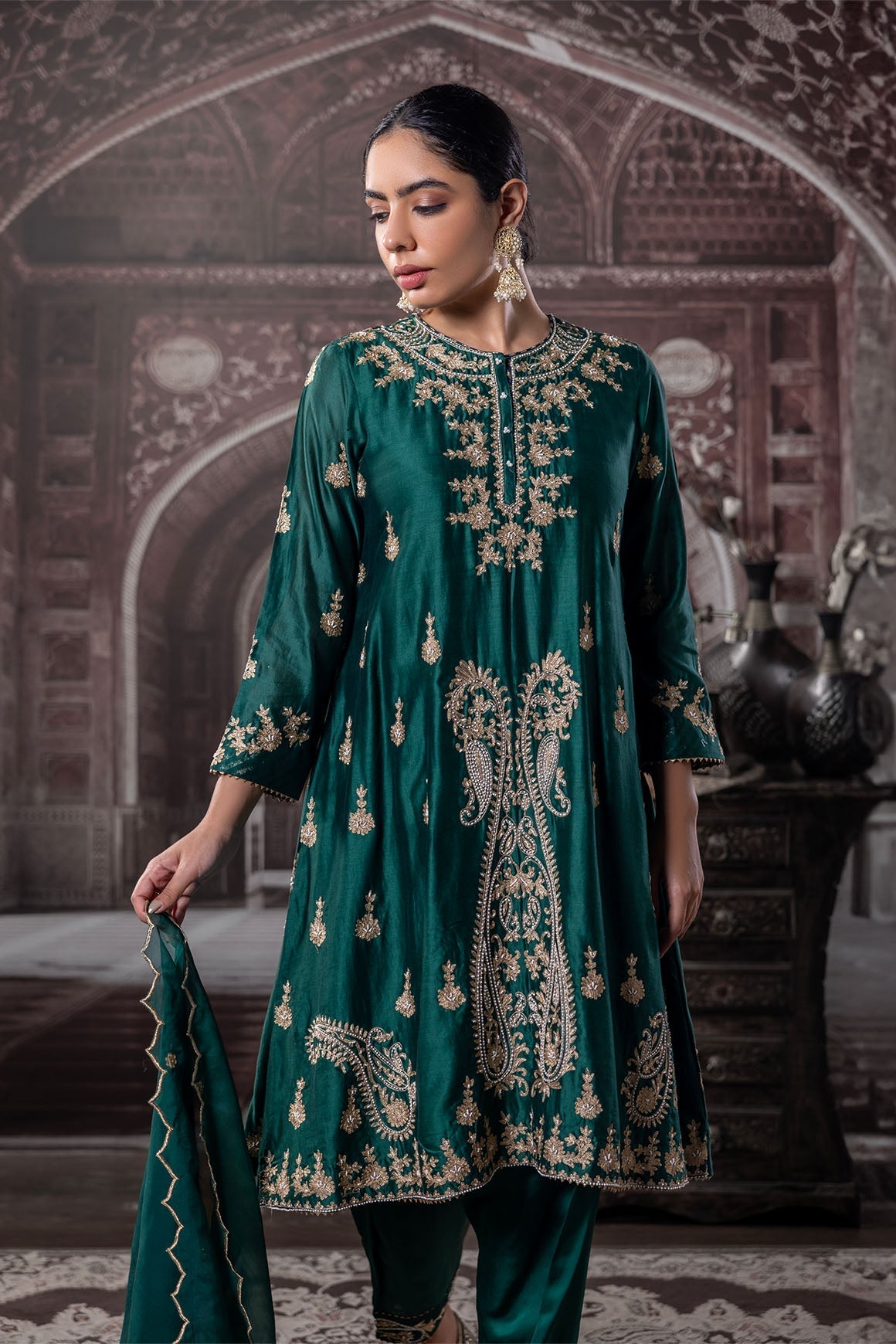Shahana Chanderi- Satin Green Ensemble