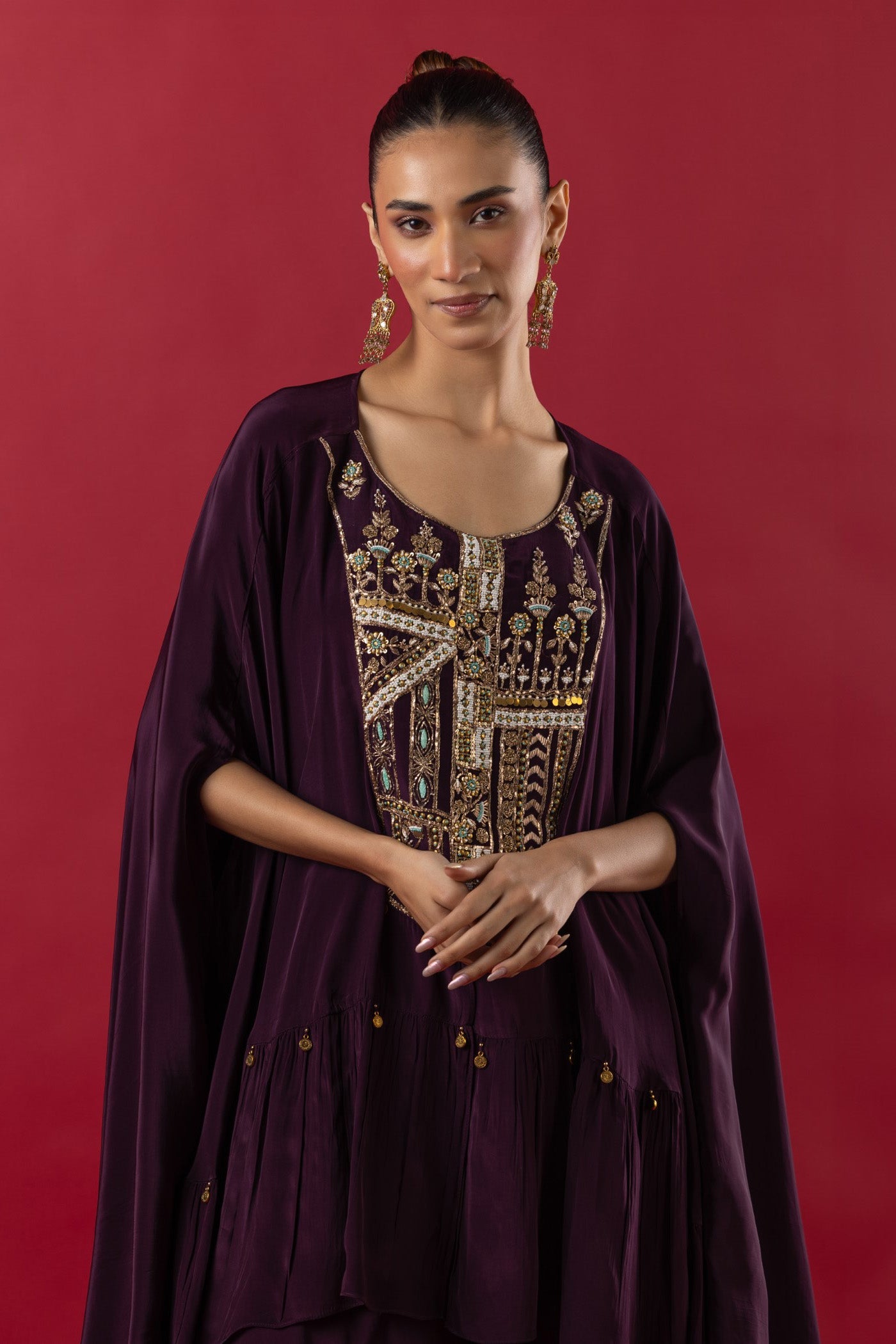 Wine Crepe Sequined Cape and Bustier