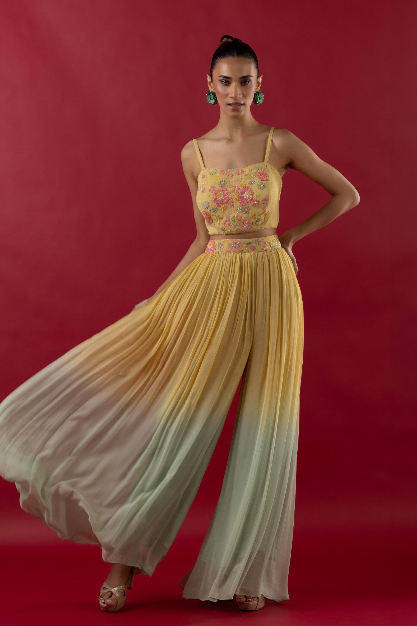 Lemon Yellow Multi-colour thread embroidered bustier and cape set