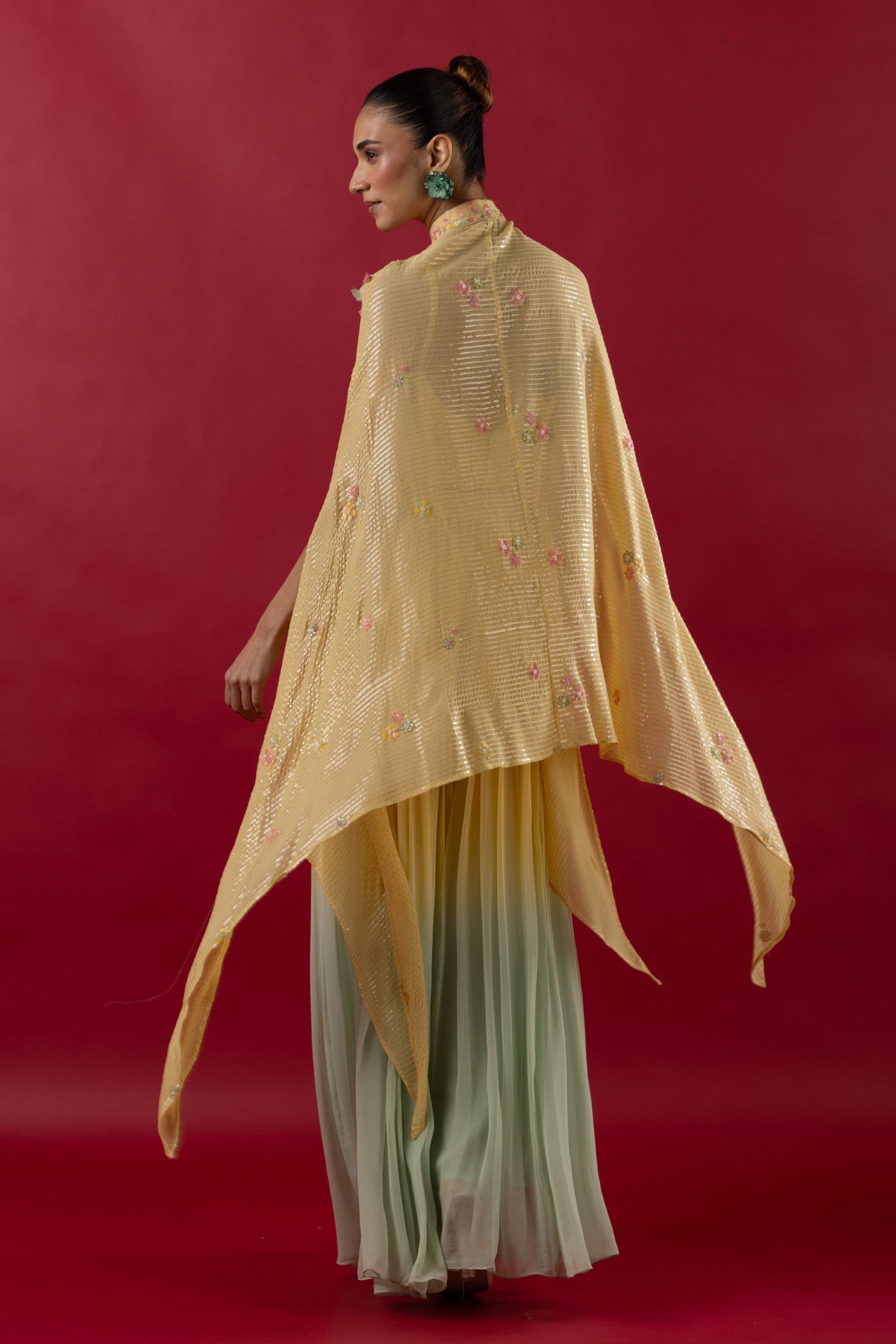 Lemon Yellow Multi-colour thread embroidered bustier and cape set