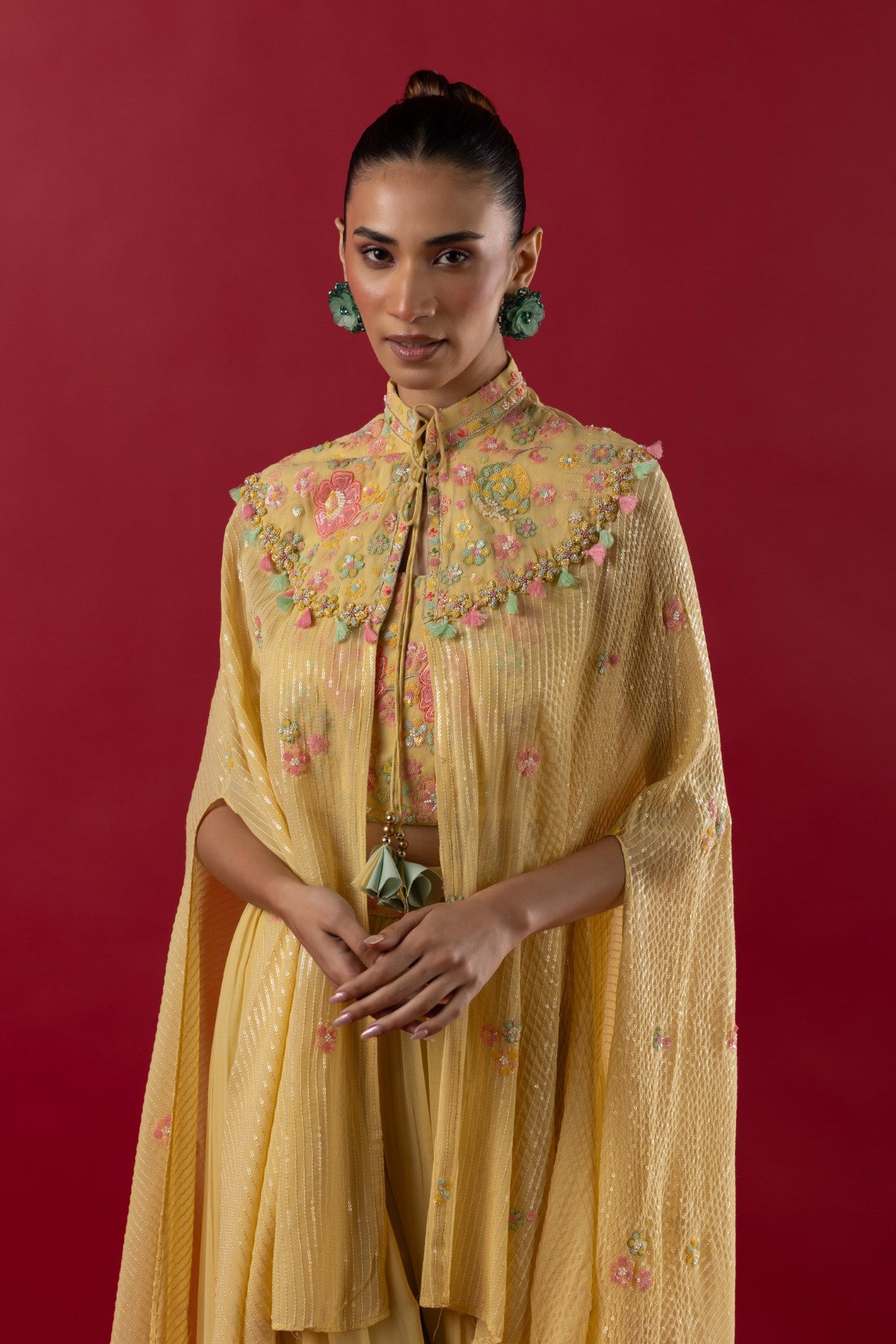 Lemon Yellow Multi-colour thread embroidered bustier and cape set