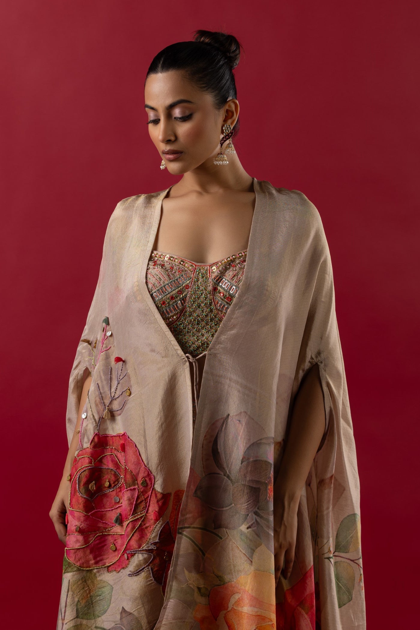 Gold georgette multi thread cape and bustier