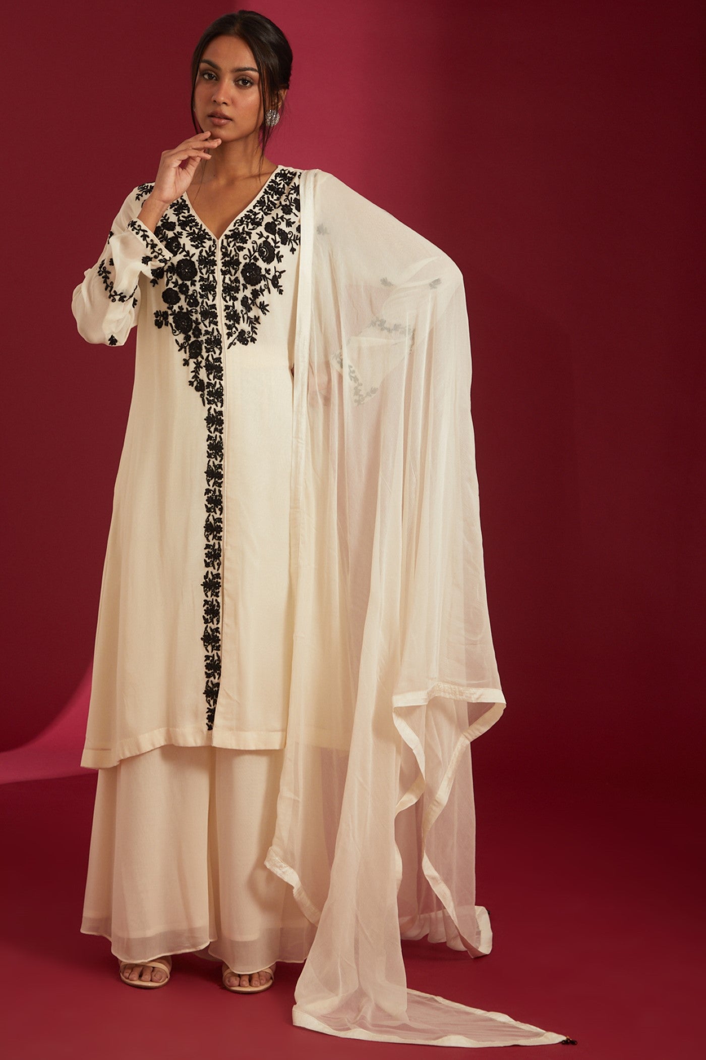 Ivory with Black aari and cutdana Embroidered Georgette Co-Ord Set