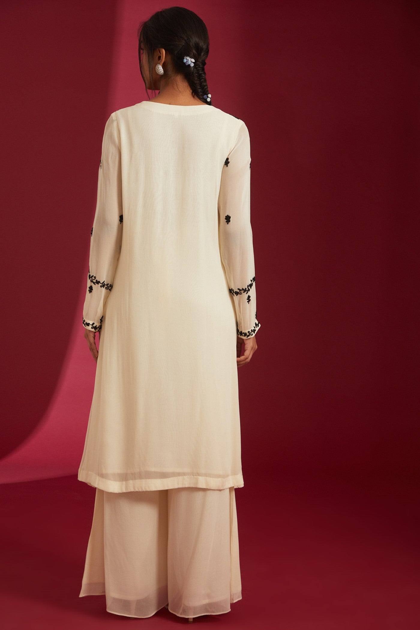 Ivory with Black aari and cutdana Embroidered Georgette Co-Ord Set