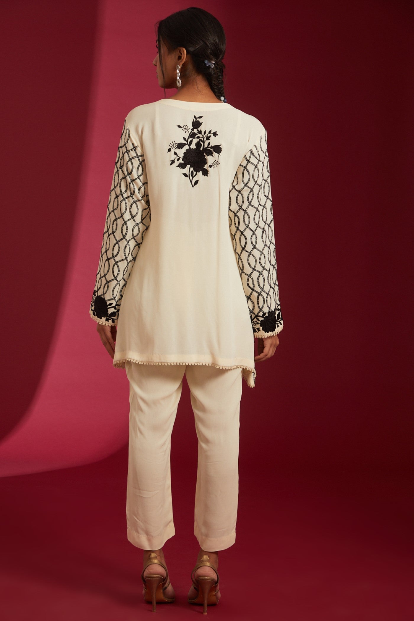 Ivory with Black machine Embroidered Georgette Co-Ord Set