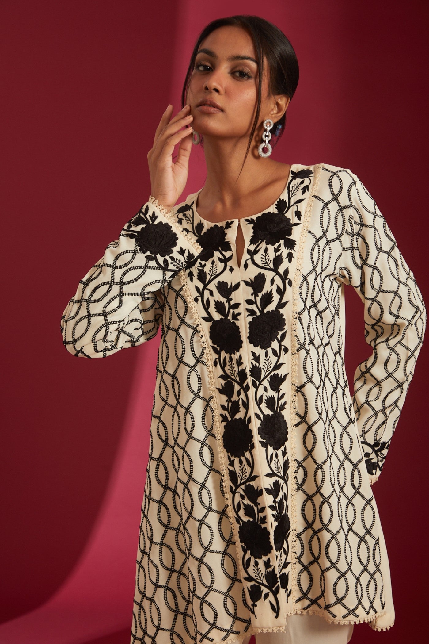 Ivory with Black machine Embroidered Georgette Co-Ord Set