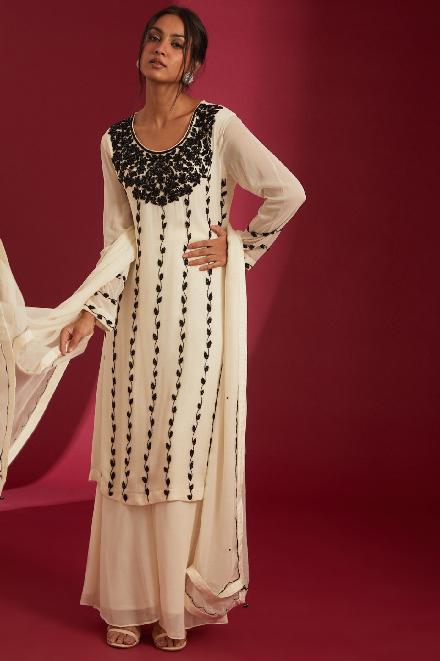 Ivory with Black Crystal Embroidered Georgette Co-Ord Set
