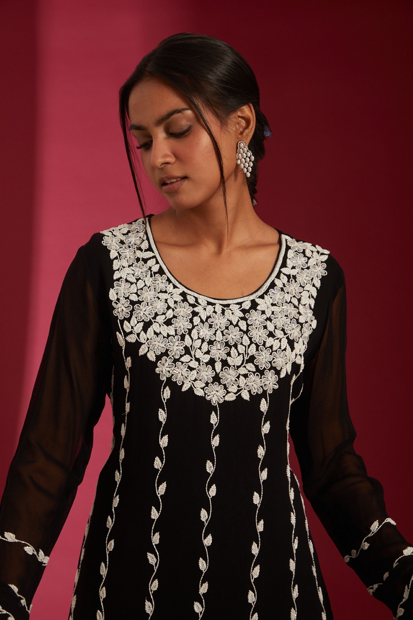 Black with ivory Crystal Embroidered Georgette Co-Ord Set