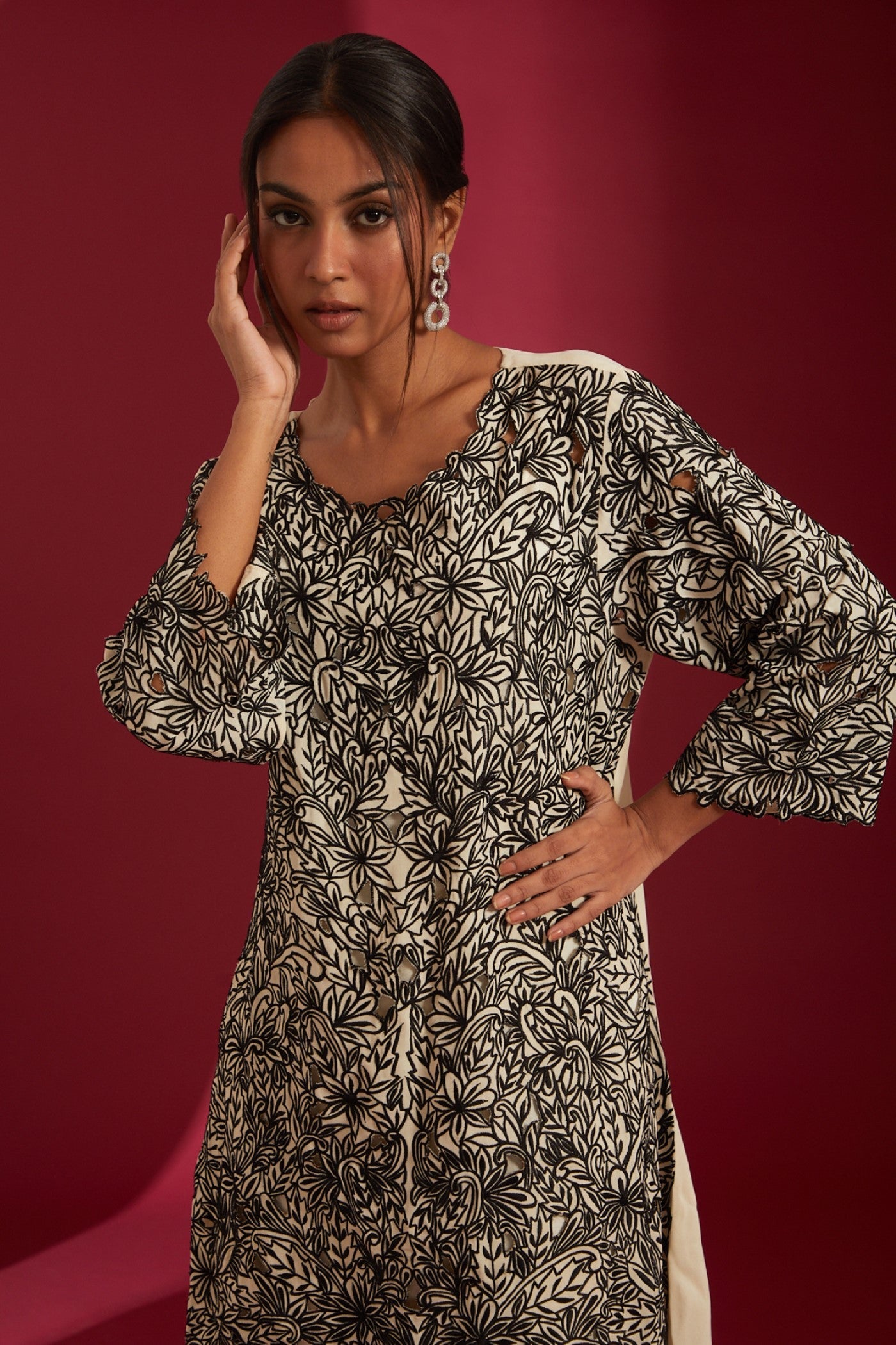 Ivory with Black machine work Embroidered Georgette Co-Ord Set