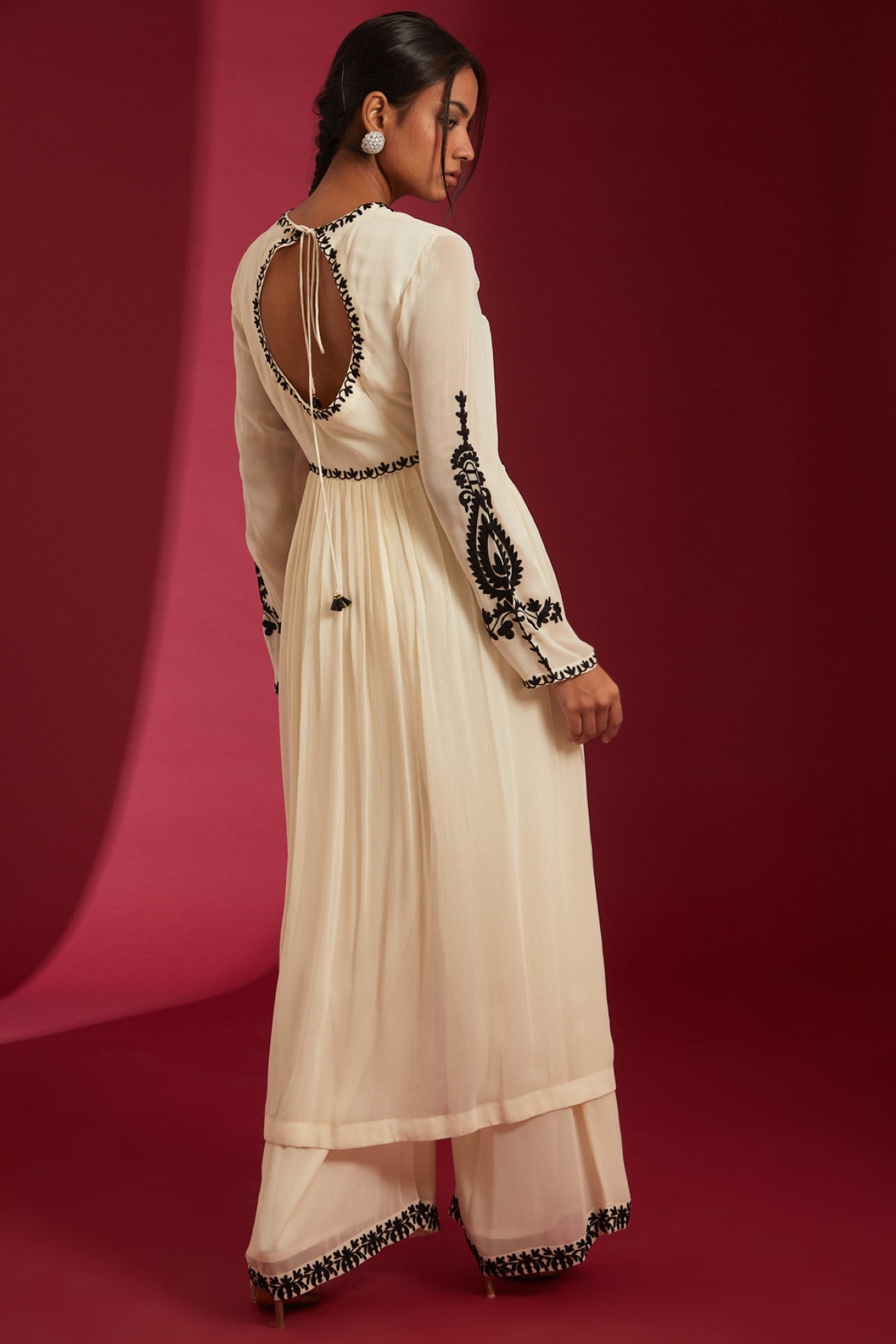 Ivory with Black aari Embroidered Georgette Co-Ord Set