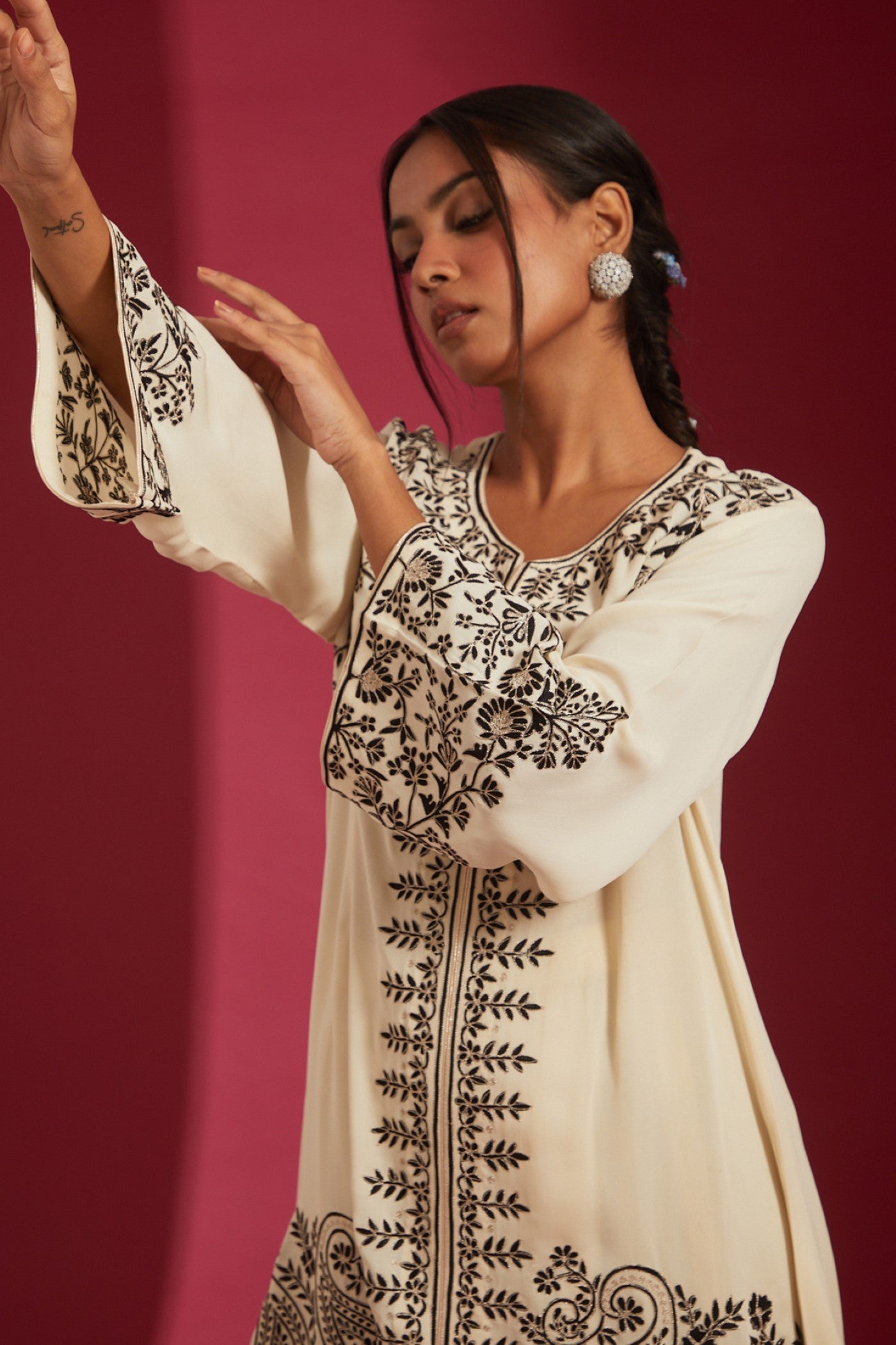 Ivory with Black aari Embroidered Georgette Co-Ord Set