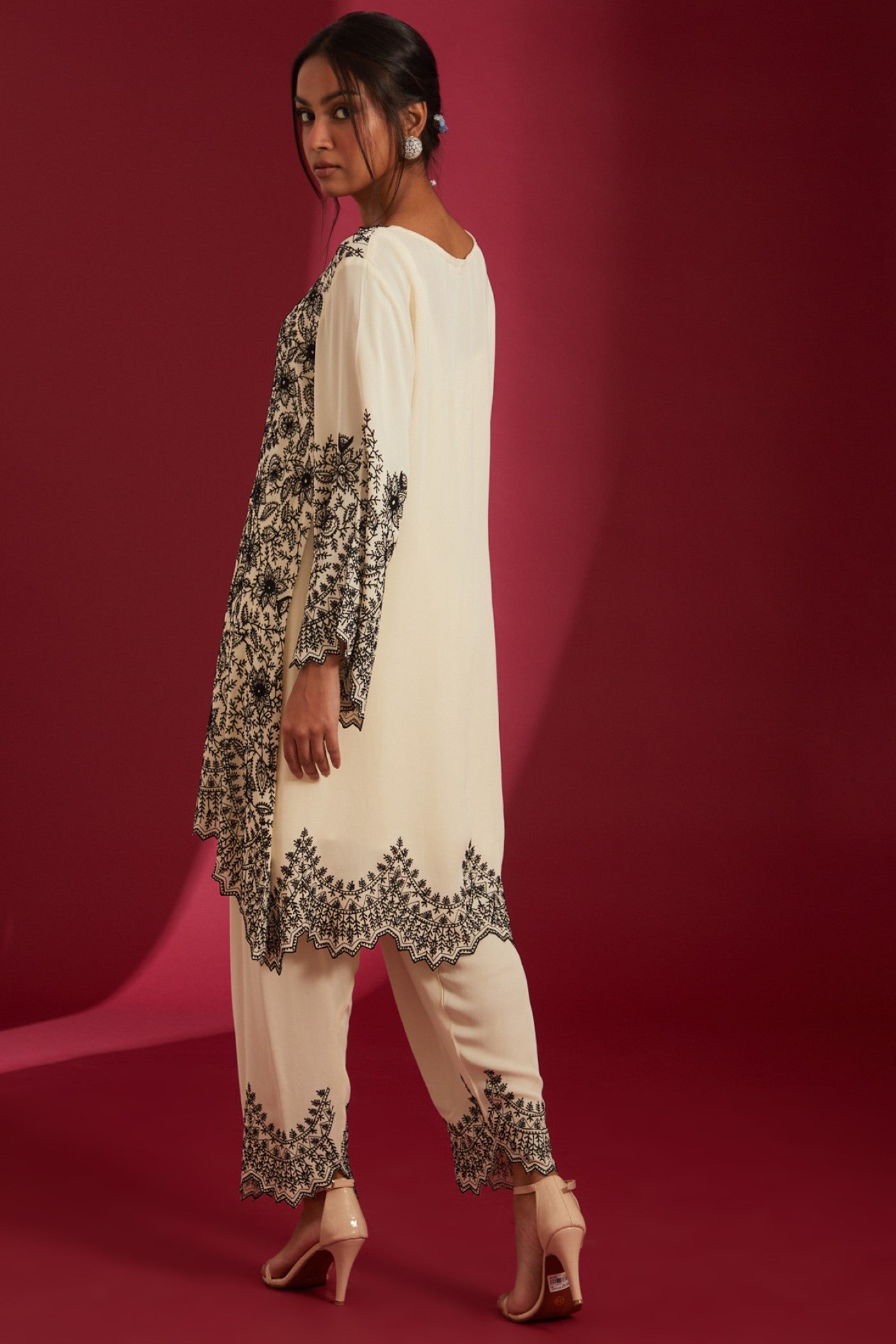 Ivory with Black aari Embroidered Georgette Co-Ord Set