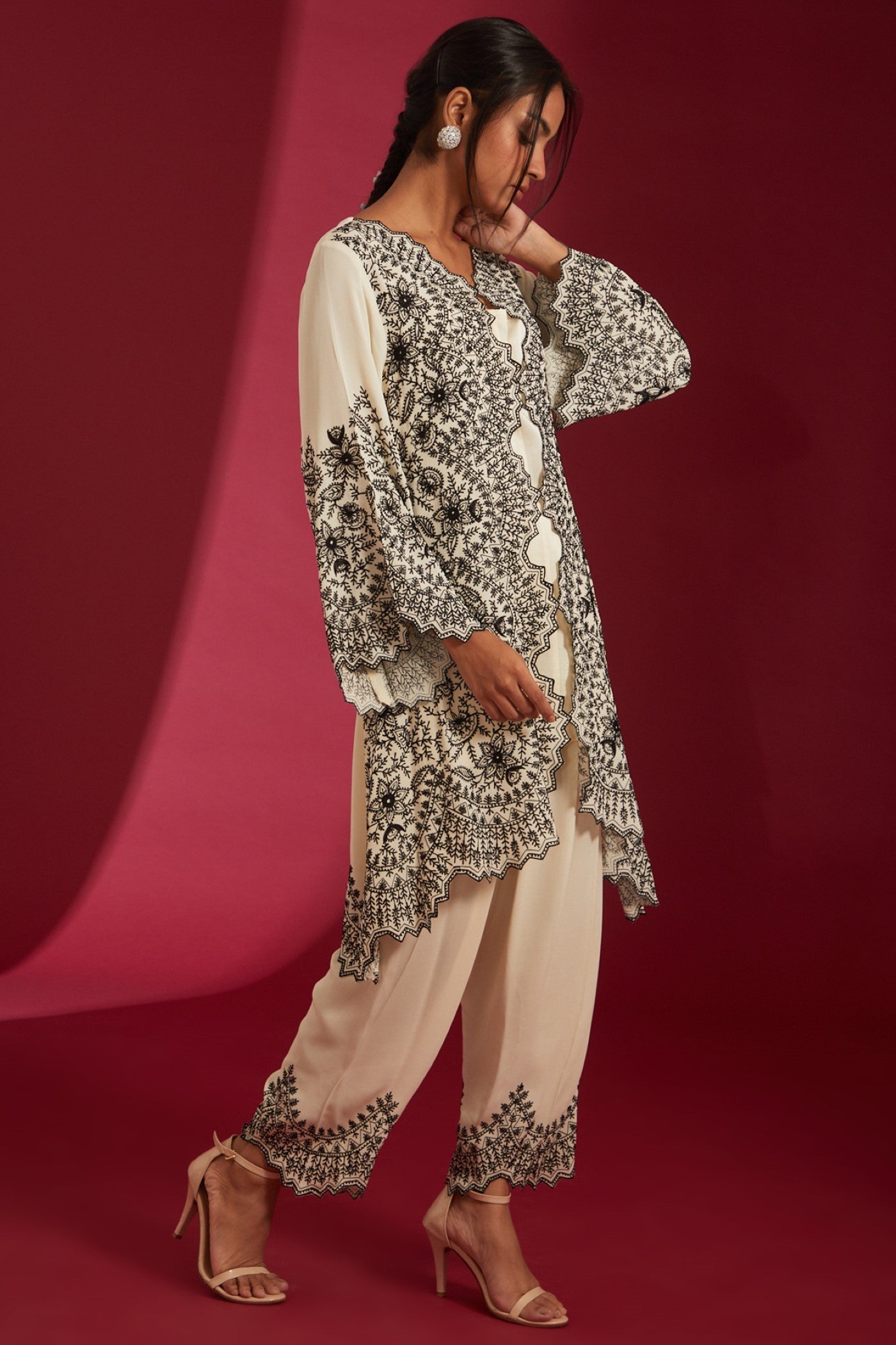 Ivory with Black aari Embroidered Georgette Co-Ord Set