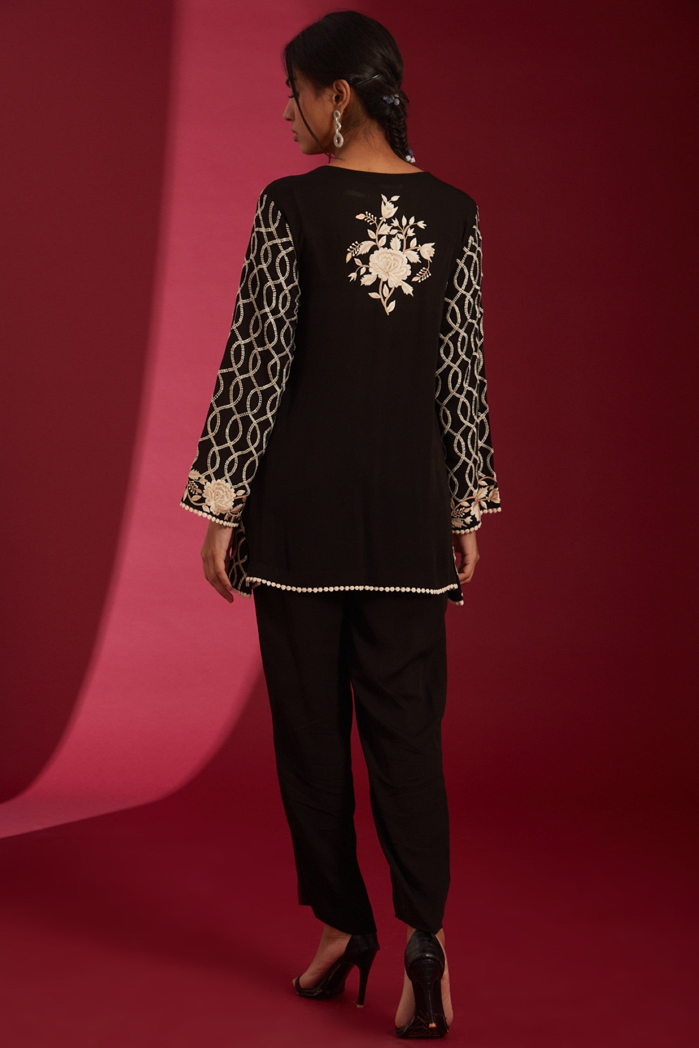 Black with Ivory machine Embroidered Georgette Co-Ord Set