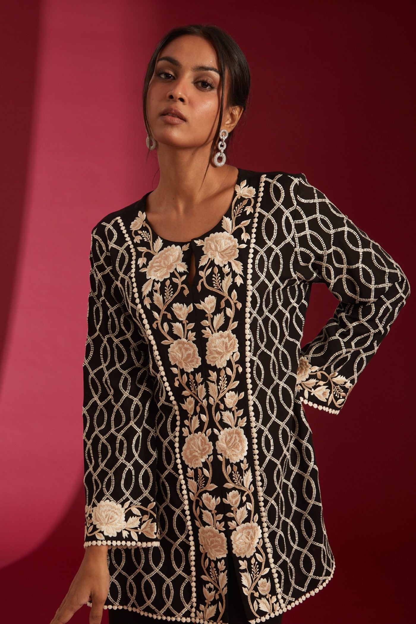 Black with Ivory machine Embroidered Georgette Co-Ord Set