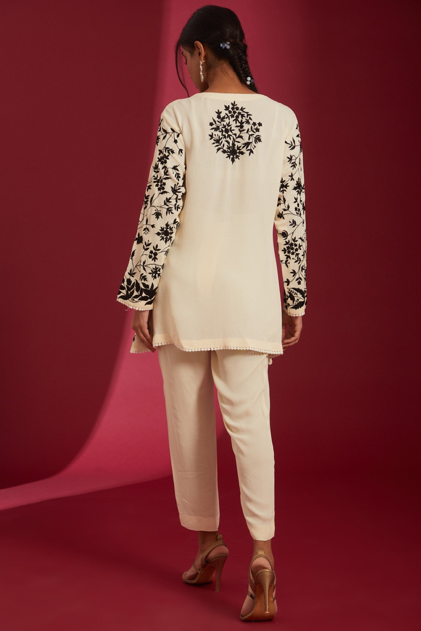 Ivory with Black machine Embroidered Georgette Co-Ord Set