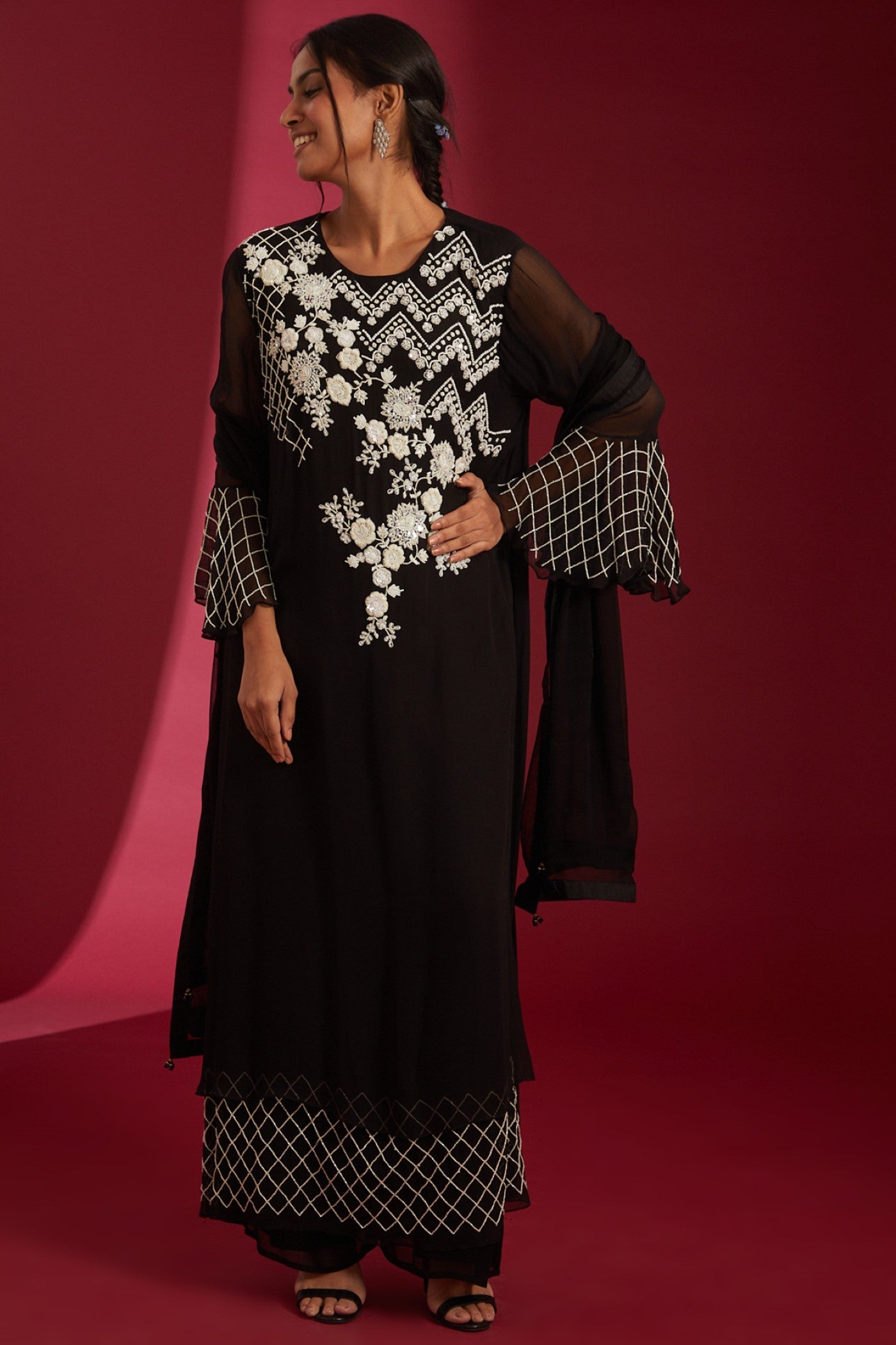 Black with Ivory Sequins Embroidered Georgette Co-Ord Set