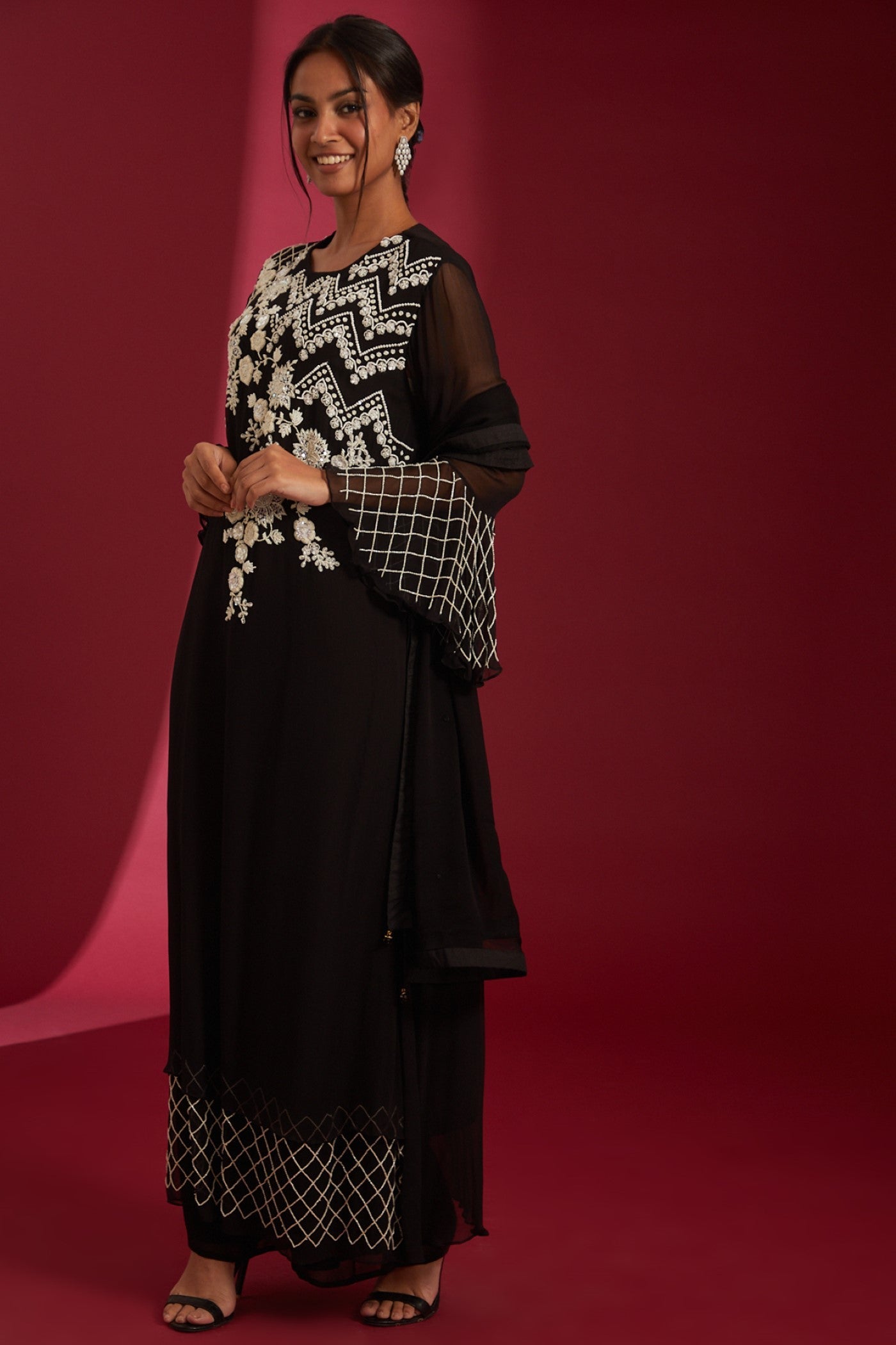 Black with Ivory Sequins Embroidered Georgette Co-Ord Set
