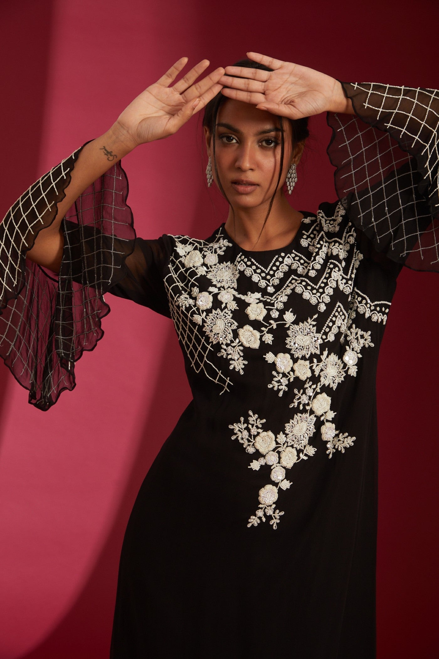 Black with Ivory Sequins Embroidered Georgette Co-Ord Set