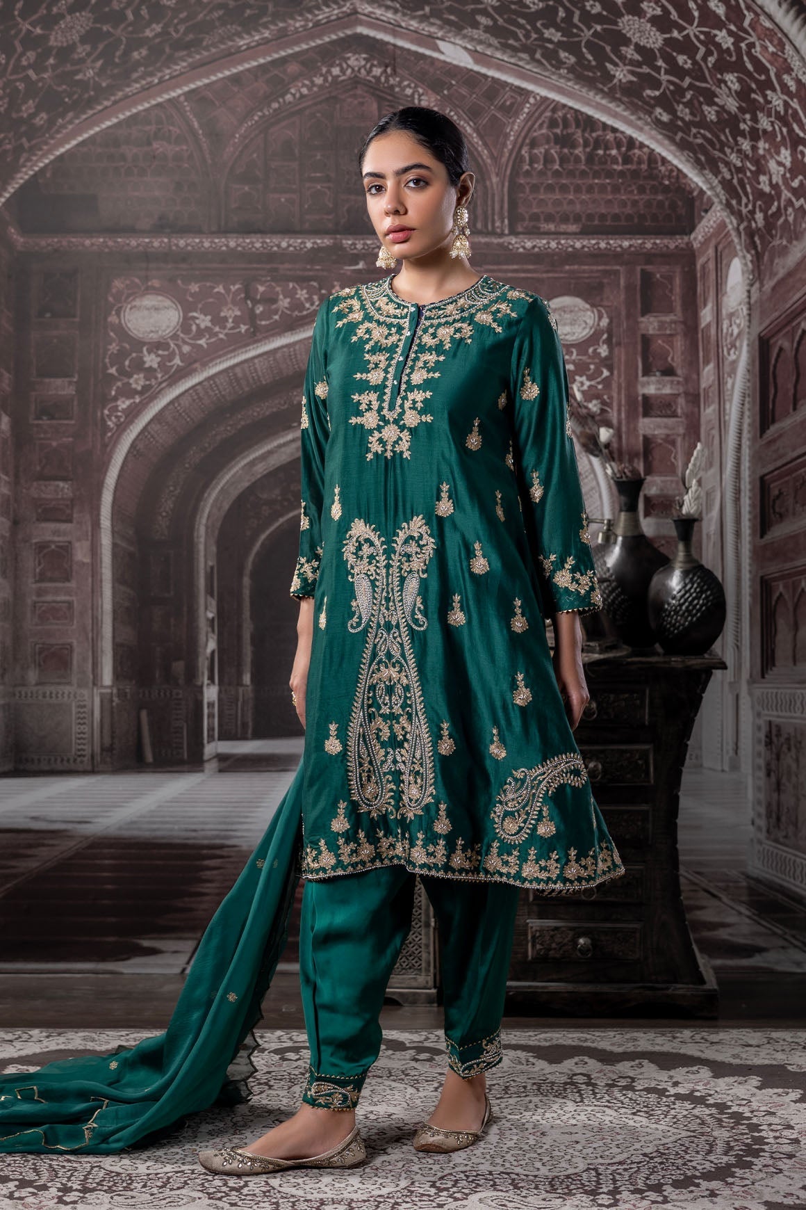 Shahana Chanderi- Satin Green Ensemble