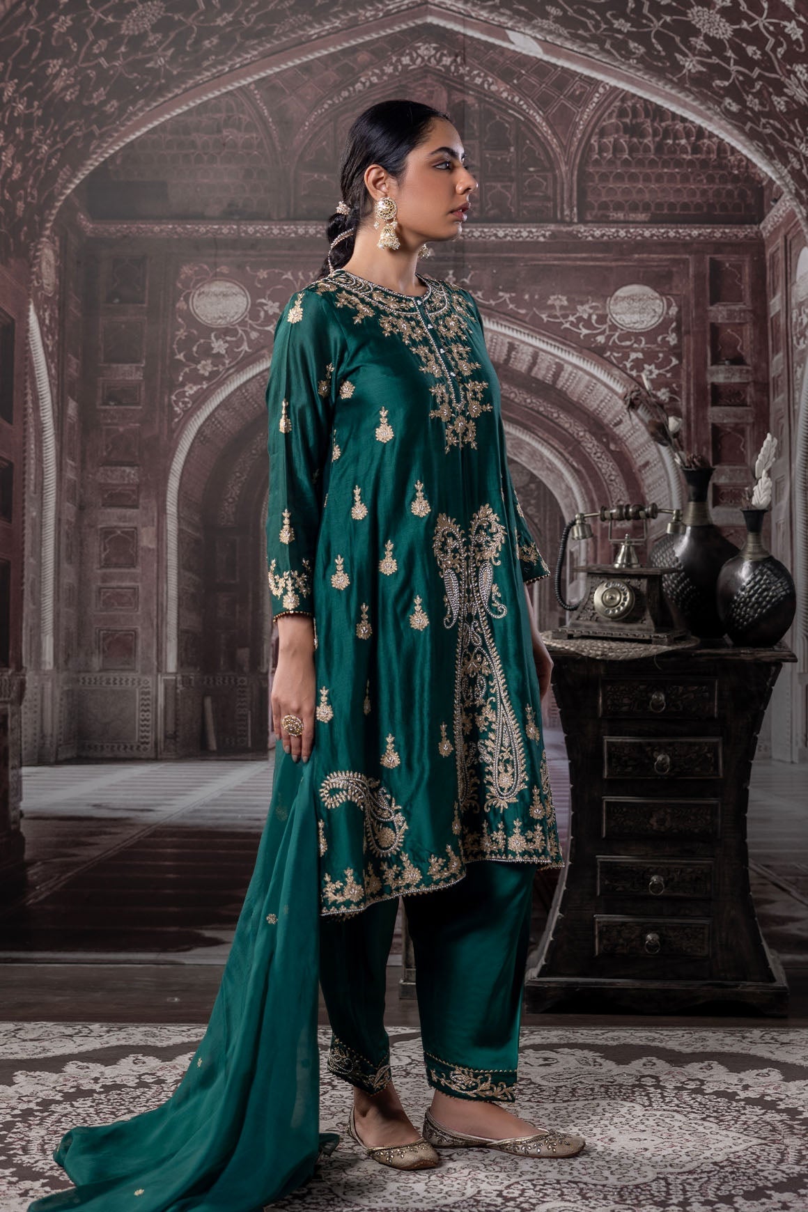 Shahana Chanderi- Satin Green Ensemble