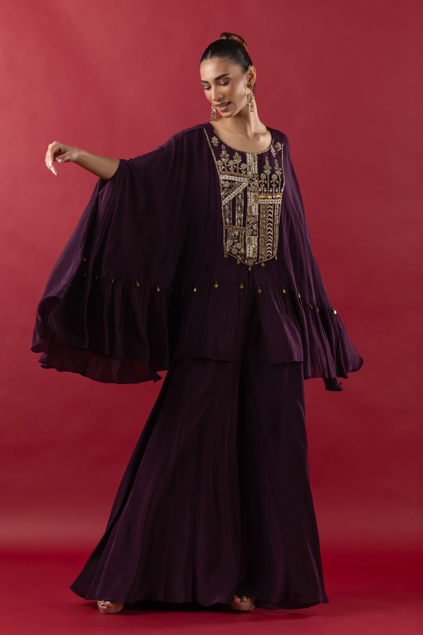 Wine Crepe Sequined Cape and Bustier