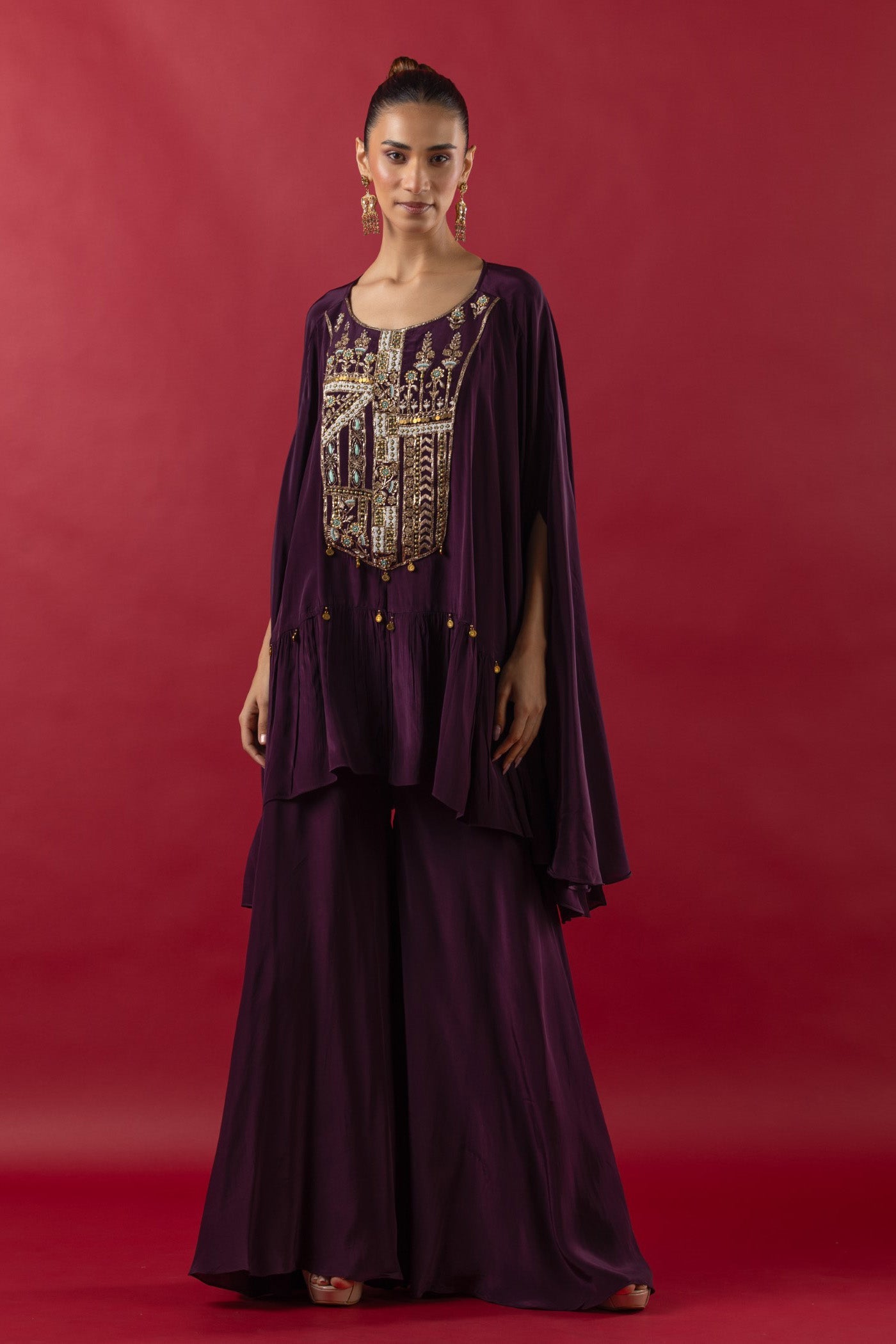 Wine Crepe Sequined Cape and Bustier