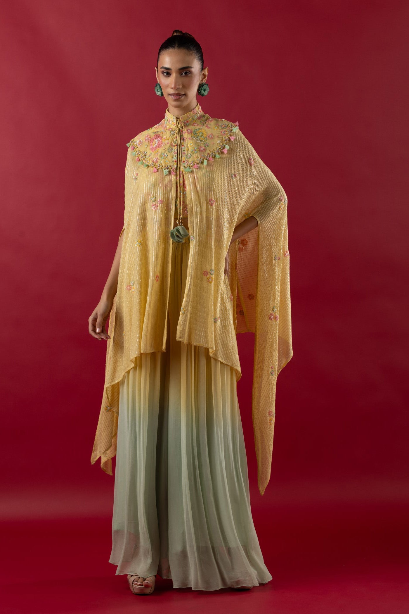 Lemon Yellow Multi-colour thread embroidered bustier and cape set