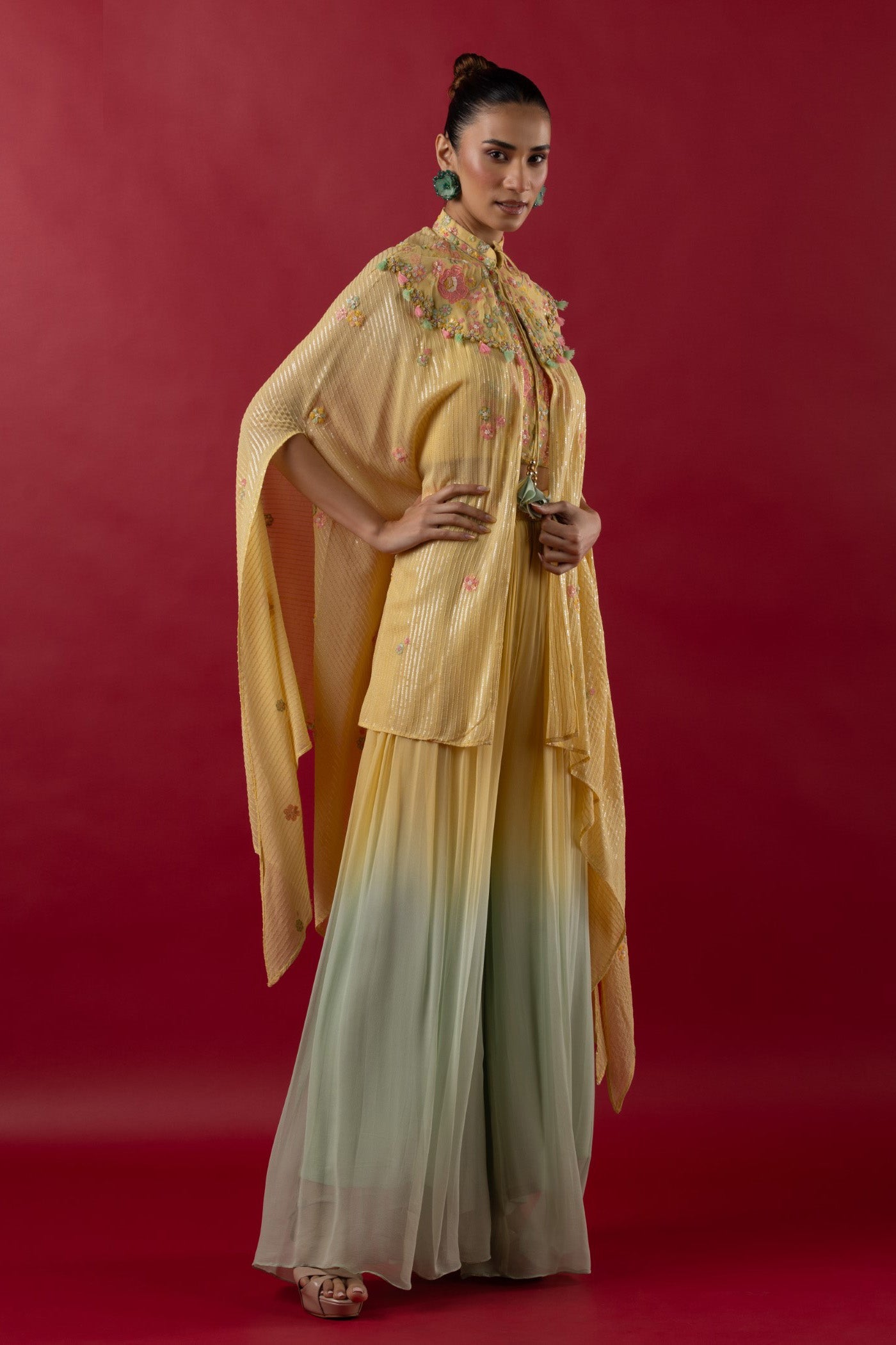 Lemon Yellow Multi-colour thread embroidered bustier and cape set