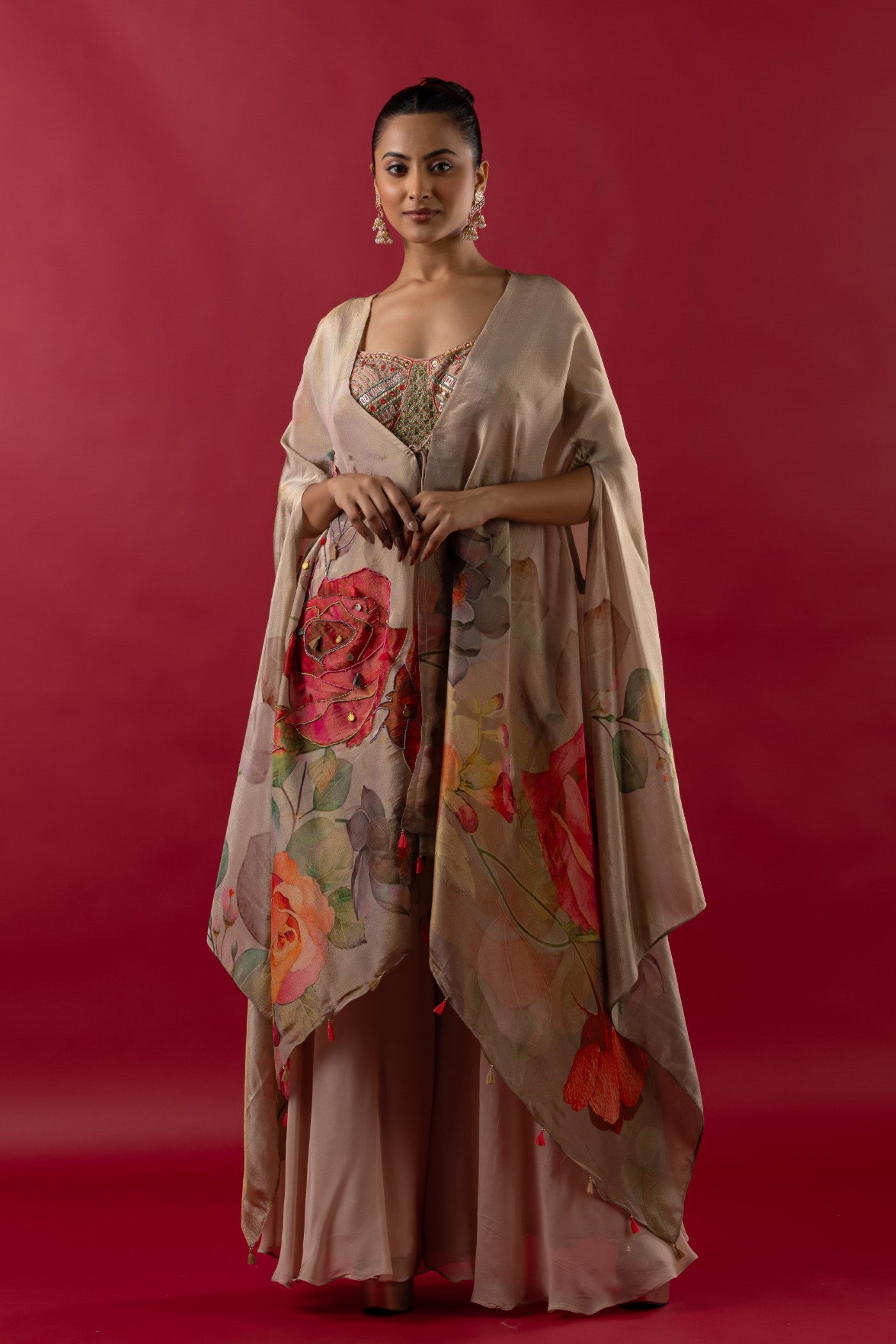 Gold georgette multi thread cape and bustier