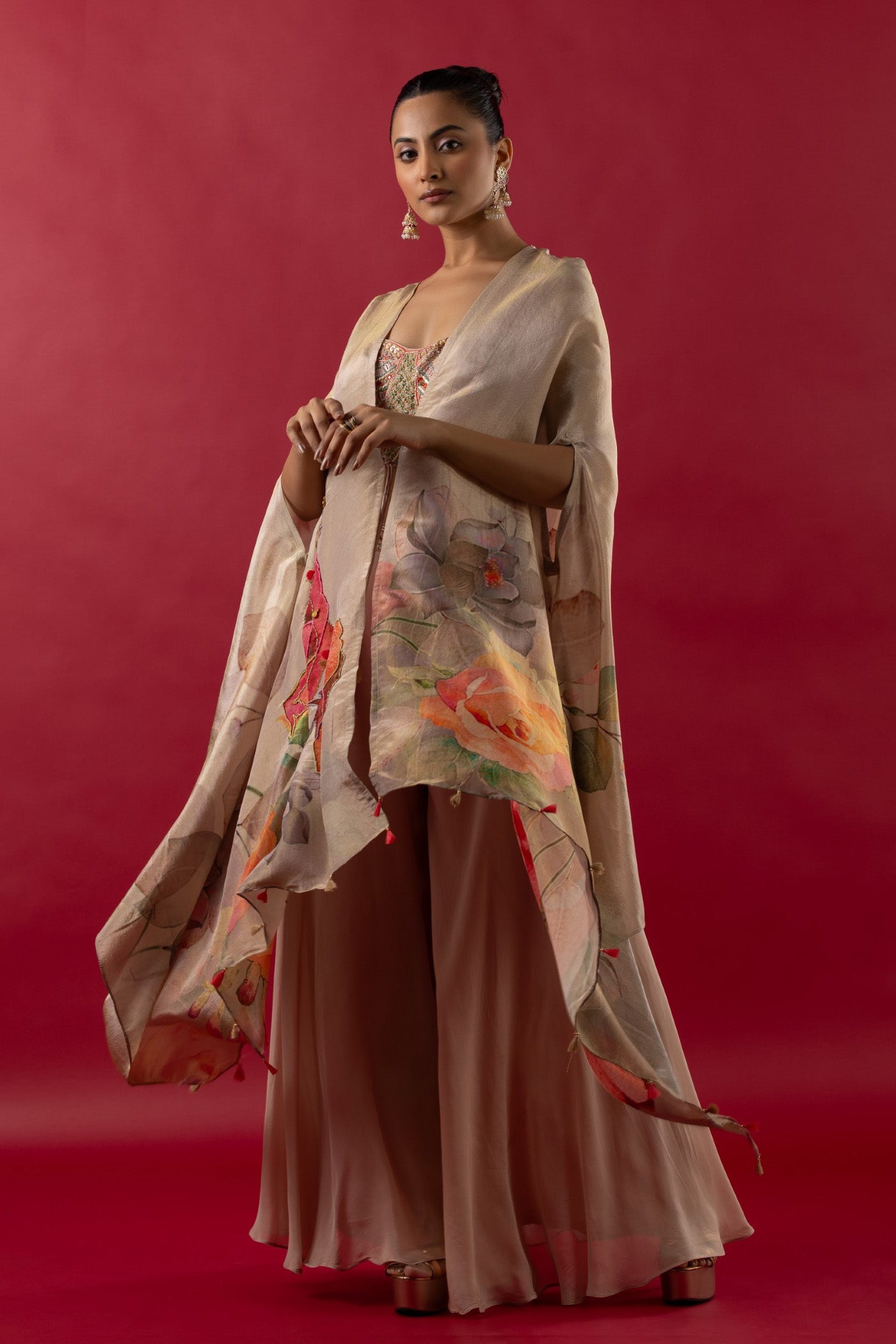 Gold georgette multi thread cape and bustier