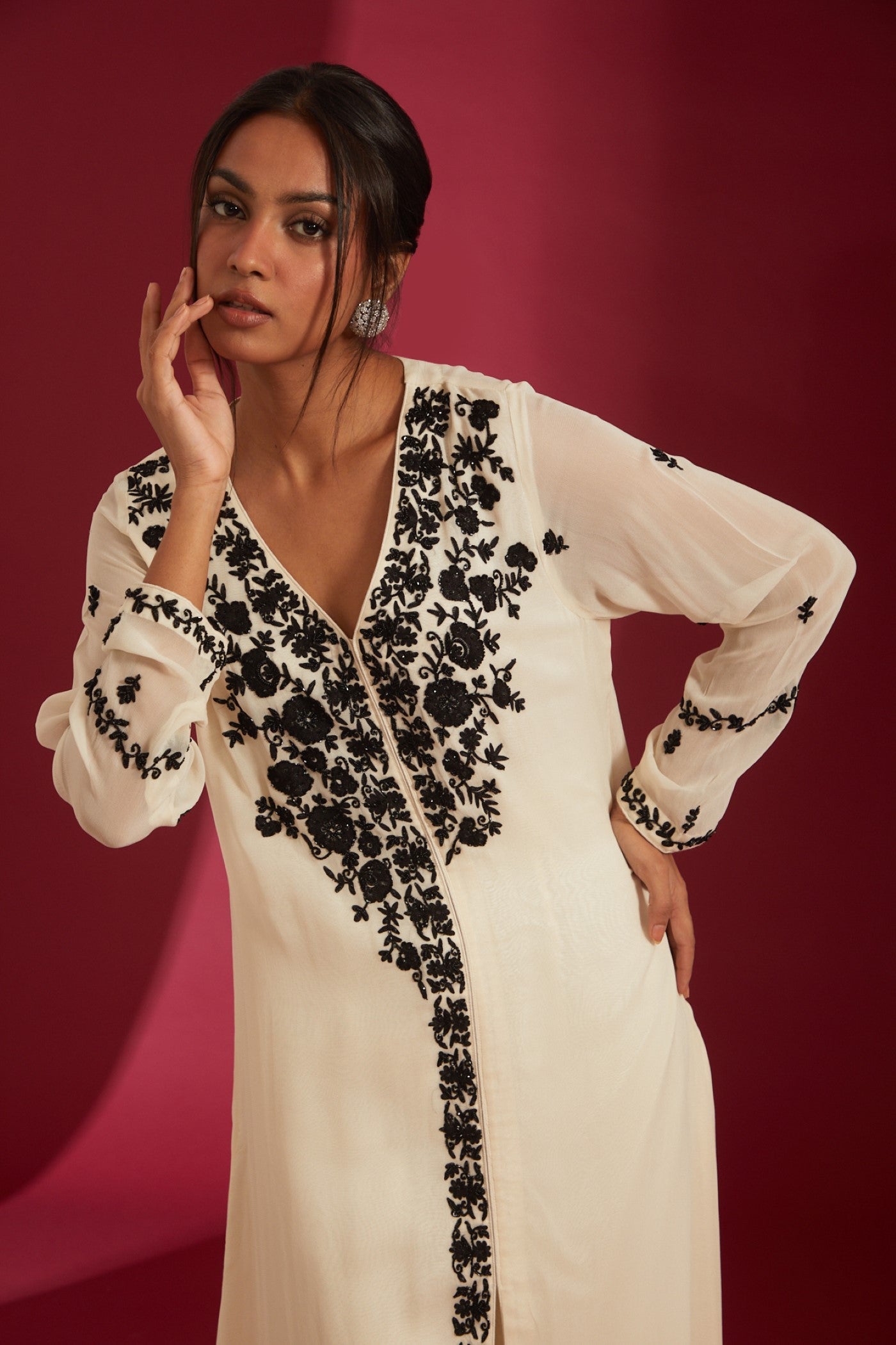 Ivory with Black aari and cutdana Embroidered Georgette Co-Ord Set